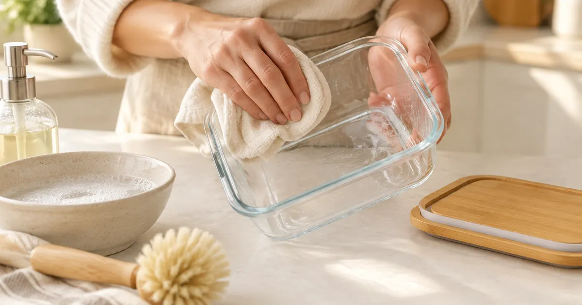 Hands wiping a clear glass food storage container with a soft cloth beside a bamboo lid on a bright counter