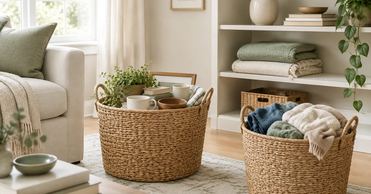 Calm bright living room with woven baskets, a styled shelf, ceramic vase and folded throws in cream and sage tones