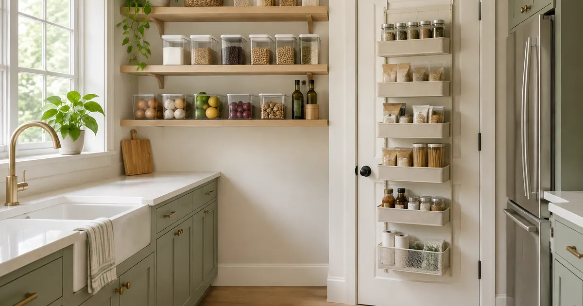 Small bright kitchen with wall shelves of clear bins and an over-door organizer maximizing vertical storage