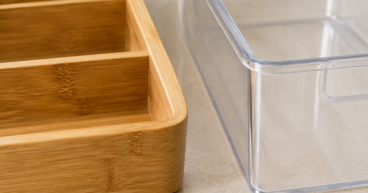 Close-up comparison of a bamboo organizer tray next to a clear plastic storage bin on a cream countertop
