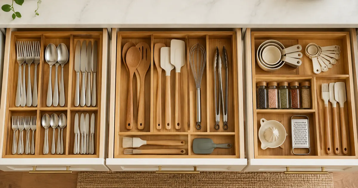 Overhead view of perfectly organized kitchen drawers with bamboo divider trays holding cutlery and utensils