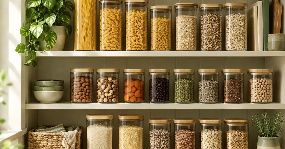 Rows of clear airtight food storage containers with bamboo lids organized on bright pantry shelves