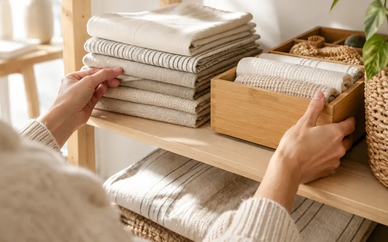 Hands arranging folded linens and a bamboo organizer tray on a bright wooden shelf