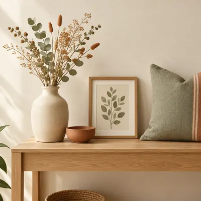 Matte ceramic vase, framed botanical print and textured throw pillow on an oak console table