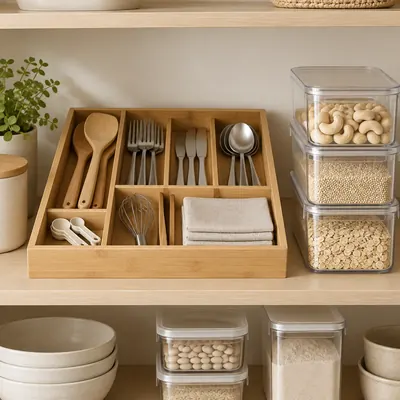Bamboo drawer organizer tray with utensils and clear stackable storage bins