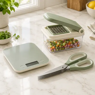 Kitchen tools and gadgets arranged on a cream marble countertop
