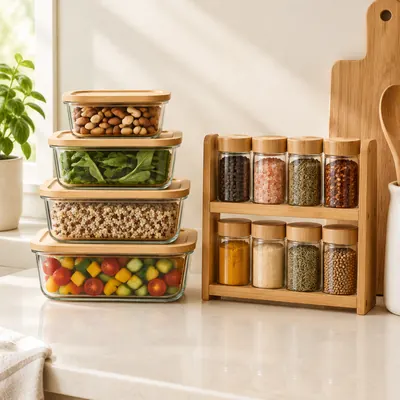 Airtight glass food storage containers with bamboo lids and a bamboo spice rack