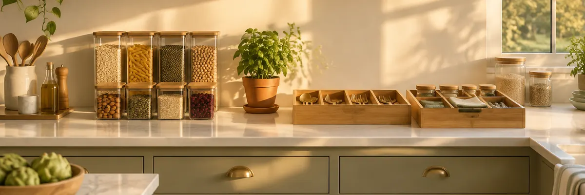 Serene organized kitchen counter at golden hour with bamboo organizers and clear pantry containers